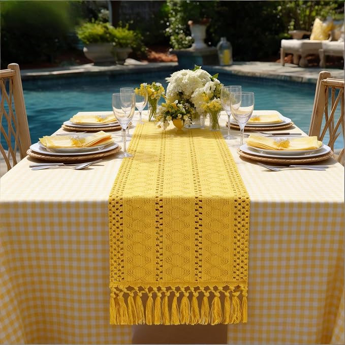 Socomi Boho Table Runner Summer Farmhouse Rustic Dining Kitchen Centerpiece Decor Small Macrame Woven Cotton Linen Coffee Table Runner for Dresser Scarf Home Decor 12x60 in Yellow Gold