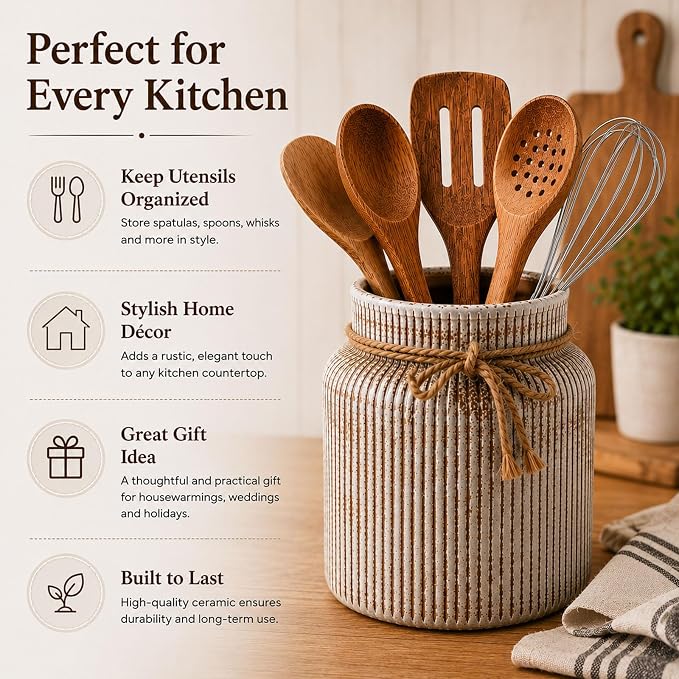Farmhouse Ceramic Kitchen Utensil Holder for Countertop,Retro Country-Style Vertical-Striped Hemp Rope Design,Modern Kitchen Counter Organizer for Cooking Utensils ,Kitchen Decor & Decorative Vase