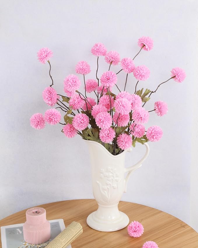 DuHouse 6pcs Artificial Flowers Faux Silk Pompon Mum,Silk Small Mini Chrysanthemum Ball with Stems for DIY Bouquets Centerpieces Vase Home Table Kitchen Decorations(Pink)