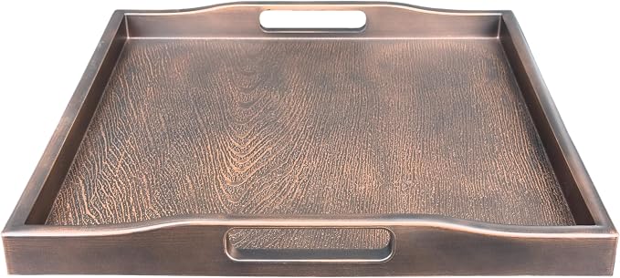 Bam & Boo Square Plastic Serving Tray 11.5" x 11.5" x 1" with Handles Wood Grain Texture Padded Bottom