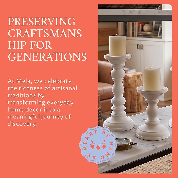 Mela Artisans 6”, 9” & 12” Mango Wood Pillar Candle Holder Set of 3 – Willow Design Matte White – Wooden Candle Holders for Table, Mantel & Living Room Décor