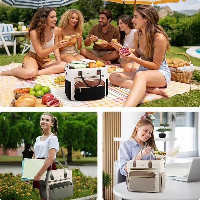 LOVEVOOK Insulated Lunch Bag Women,Wide Opening Adult Lunch Box Women with Cup Holder,Large Leakproof Cooler Bag for Work Picnic Beach Family College Mom,Lunch Teacher Tote Bag for Gift
