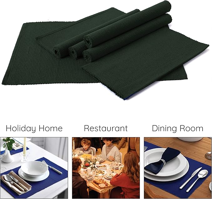 Encasa XO Dining Placemat Set of 6 | Dark Green Color | Fine Ribbed Cotton Table mat | Size 19x13 in | Machine Washable