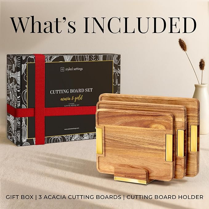 Acacia Wood Cutting Board Set with Holder – 4 Piece Wooden Cutting Board Set with Stand – Reversible Charcuterie Tray with Juice Grooves and Gold Handles – Stylish Kitchen Gift