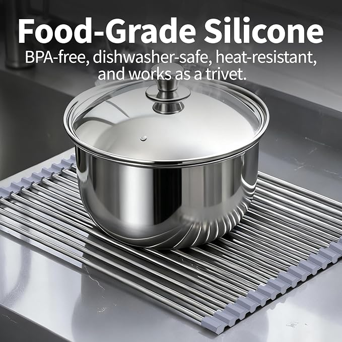 Roll Up Dish Drying Rack for Over Sink -17.5"x11.8" Foldable Stainless Steel Kitchen Drainer,Gray