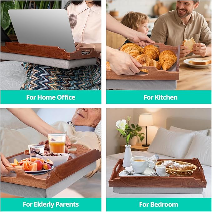 DRELIFAM Lap Desk with Cushion,Wooden Bed Tray Table for Eating,Lap Tray in Recliner,Breakfast Tray,TV Dinner Bed Food Trays (2 Sapele Wood with 1 Basket)