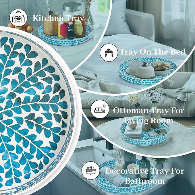 MAONAME Blue Decorative Tray, 13" Round Serving Tray with Handles, Leaf Pattern Sticker Trays for Coffee Table, Plastic Trays for Living Room, Bedroom