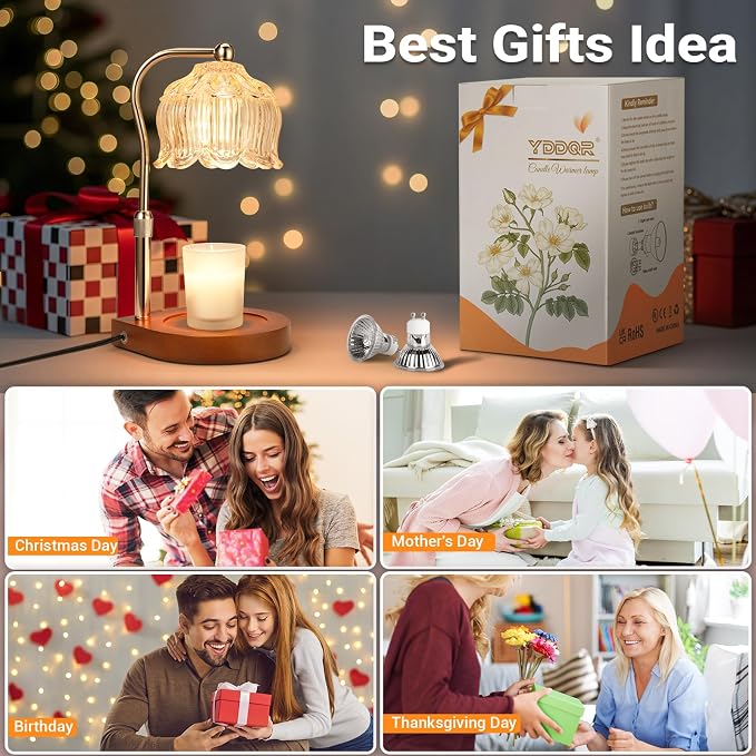 Candle Warmer Lamp with Timer Dimmer, Adjustable Height Candle Lamp Warmer for Jar Candles, Flower Glass Wax Melt Warmer with 2 Bulbs, Flameless Home Decor Gifts for Women Mom, Housewarming