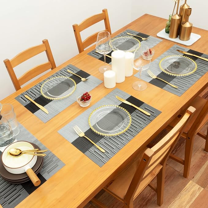Winknowl Placemats Set of 4, Heat Resistant Non-Slip Vinyl Woven Table Mats for Dining Table, Washable Durable Elegant Place Mats for Kitchen Indoor/Outdoor Use (Black)