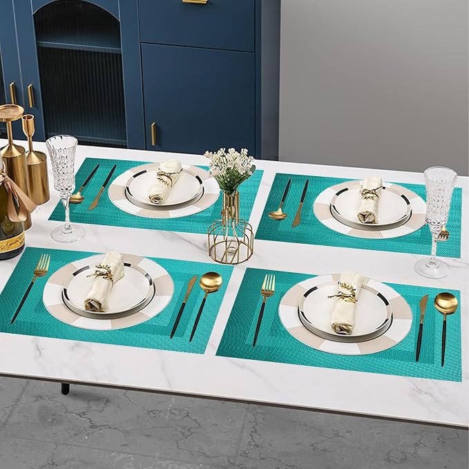 PIGCHCY Placemats Set of 8 Washable Durable Place Mats Vinyl Heat Resistant Non-Slip Table Mats Indoor Outdoor (18 x 12 inches, Turquoise Blue)
