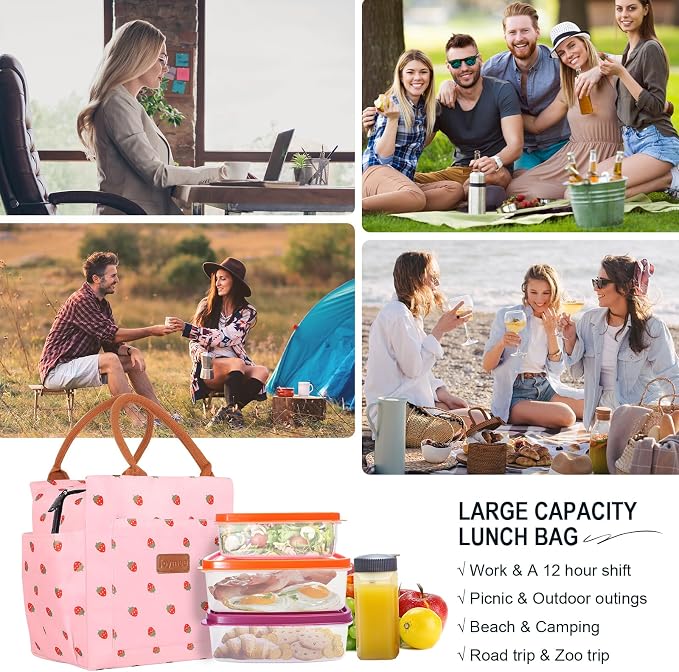 Joymee Insulated Lunch Bag For Women Reusable Lunch Box - Strawberry Pink | Spacious Storage, Bottle Holder & Pockets, Leakproof Insulated, for Work, Travel, Picnic, Daily Use, for Adult