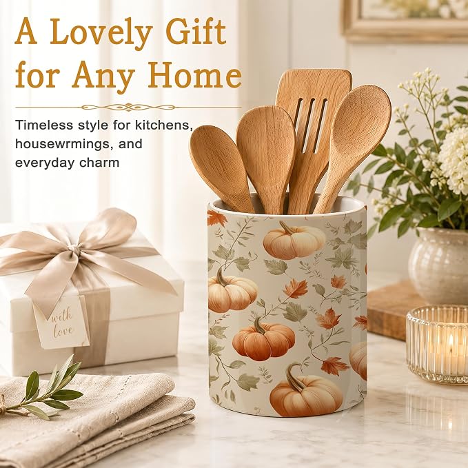 Pumpkins Kitchen Utensil Holder,Autumn Maple Leaves Large Ceramic Utensil Crock Organizer for Spatulas,Spoons and Cooking Tools,Kitchen,Home Decoration 6.3"