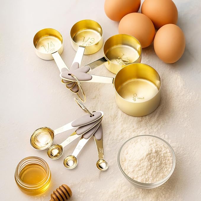 Gold Measuring Cups and Spoons Set – 8-Piece Brass Measuring Set with Beige Silicone Handles for Comfortable Grip – Stainless Steel, Stackable, Gold Kitchen Accessories for Baking & Cooking