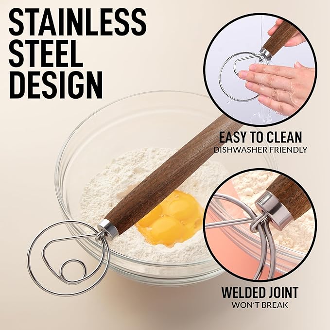 Zulay Kitchen 13 Inch Danish Dough Whisk - Large Wooden Danish Whisk For Dough With Stainless Steel Ring - Traditional Dutch Whisk Baking Tool For Bread, Batter, Cake, Pastry (Ashwood)