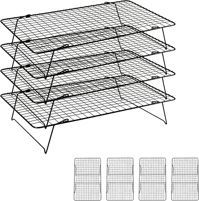 Cooling Rack, 4 Tier Stackable Cooling Racks for Cooking Baking Roasting, Multi-Level Collapsible Cookie Rack for Cakes, Oven Safe & Easy Clean (Black, 4-Tier)