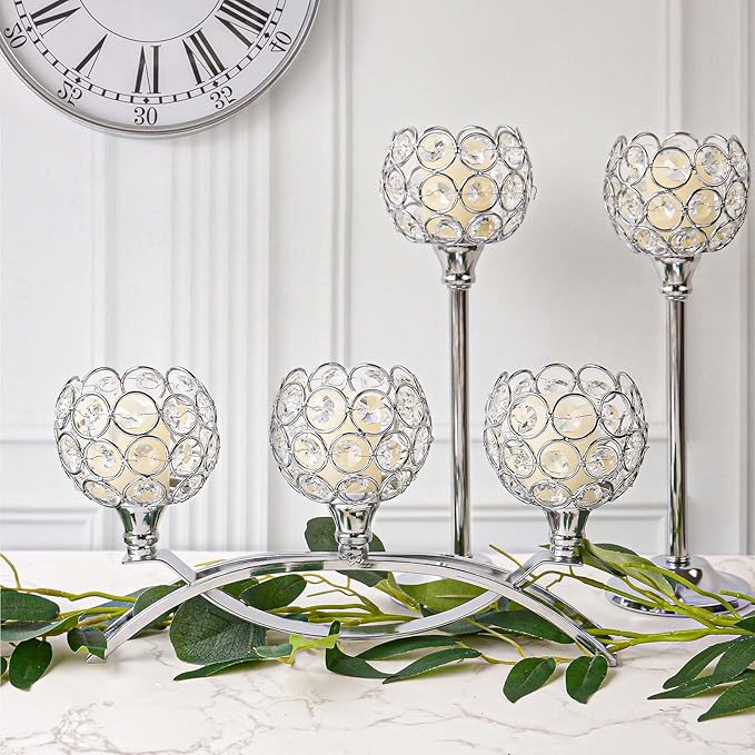 Crystal Tealight Candle Holder Centerpiece Home Decorative Candlestick Holder Elegant Table Centerpiece Home Decor Wedding Party Anniversary (Silver, Set of 3)