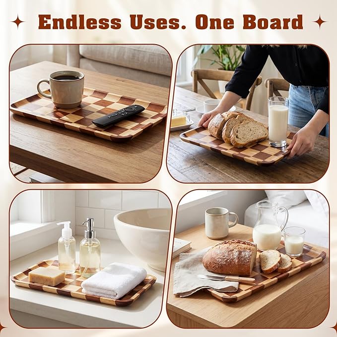Threehoney Medium Acacia Wood Checkered Serving Tray 11.8" x 7.9" x 0.7" Rectangular Decorative Wooden Tray Wood Modern Serving Platter Kitchen Gift for Food Snack Coffee Table Decor