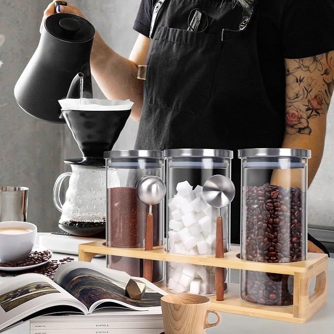 DTUQYX Coffee Container Set, Glass Canister with Airtight Lids, Stainless Steel Scoops, 45oz Coffee Bean Storage Jars with Shelf and Spoon(3 Jars)