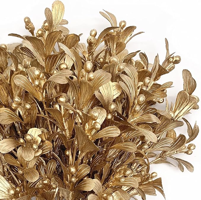 Artificial Flowers Christmas Decor, Golden Leaves Branches Plants Fake Berry Grass for Wedding Bridal Bouquet Party Indoor DIY Home Office Table Centerpieces Arrangements Decoration - Gold 4 Pack