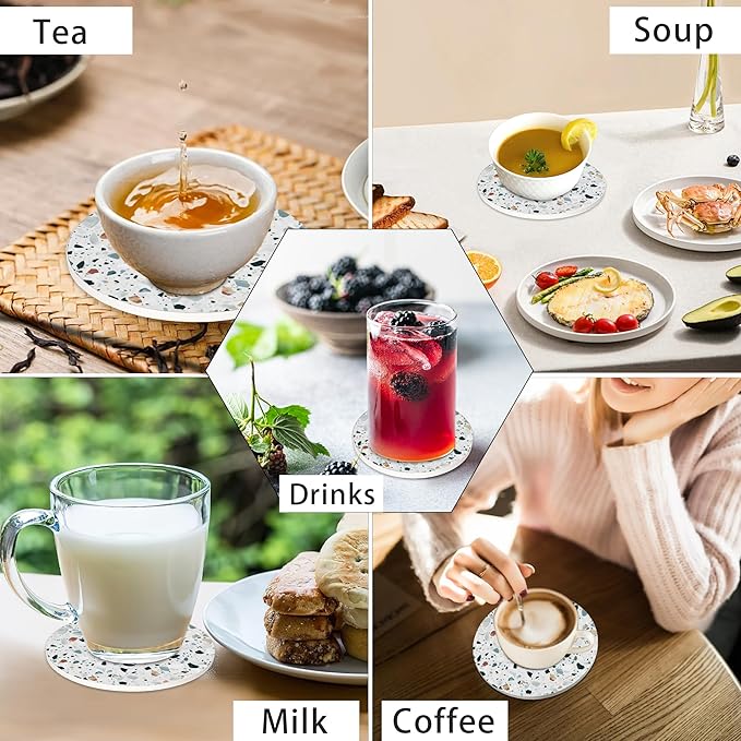 Terrazzo 6 Pcs Drink Coasters with Holder, Modern Granite Absorbent Round Ceramic Coaster for Tabletop Protection, for Coffee Cup Beverage Coasters Wine Beer Bar