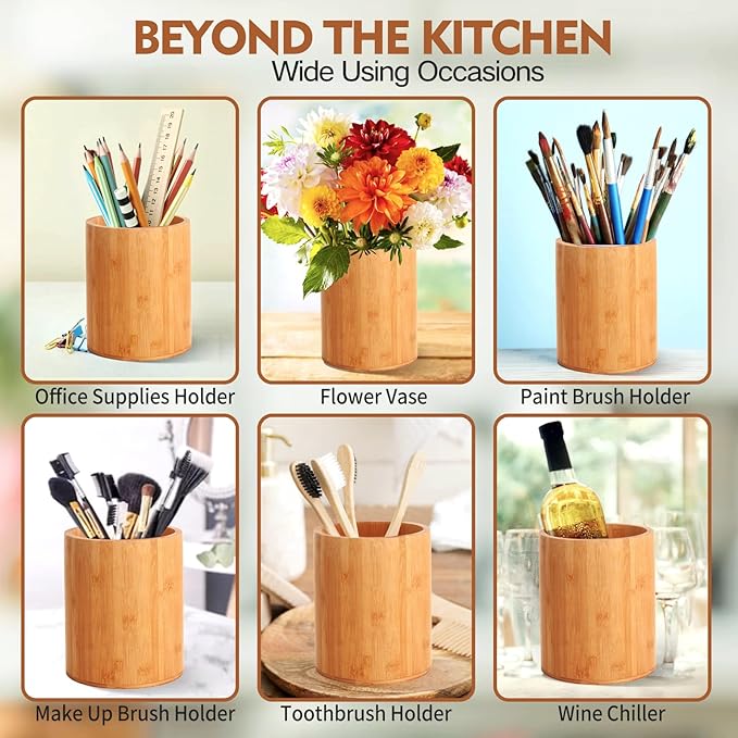 Bamboo Utensil Holder, Large Utensil Holders for Kitchen Counter, Bamboo Spoon and Chopstick Holder for Kitchen Decor, Flatware and Spatula Storage Organizer, for Countertop, Pantry and Bathroom