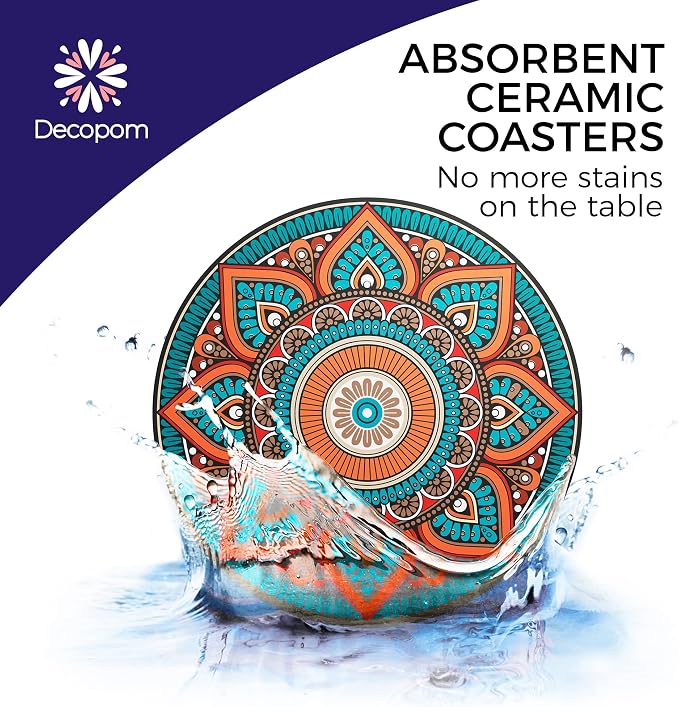 Mandala Drink Coasters with Holder - 8 Set Ceramic Boho Coaster for Drinks Absorbent with Cork Base and Black Holder - Coasters for Coffee Table Apartment Wooden Bar Mugs Glasses Cup Beer