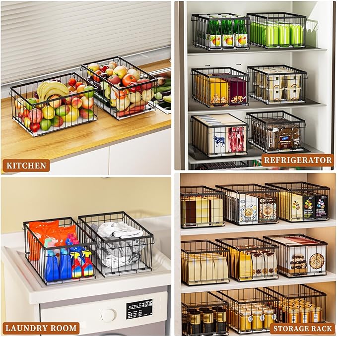 Large Freezer Organizer Bins, Upgrade One-Touch Open/Close, for 5-9 Cu.Ft Deep Freezer, 3 Pack Stackable Deep Freezer Organizer Bins, Black Wire Foldable Baskets (Black 3 Pack)