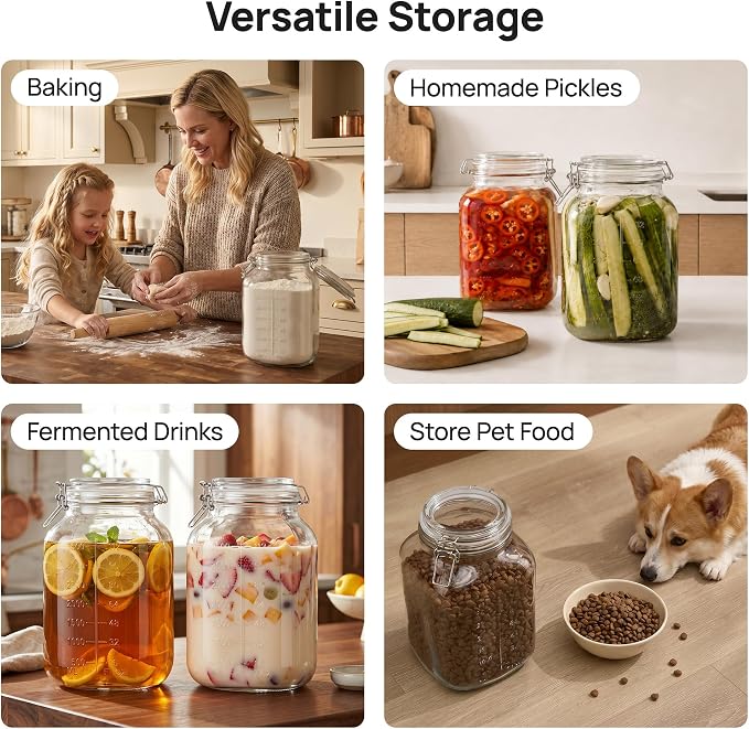 Vtopmart 2 Pack 1.1 Gallon Glass Storage Jars with Airtight Clamp Lids, 140oz Square Canisters with Wide Mouth & Measurement Marks, Large Food Containers for Flour, Sugar, Rice, Pickling & Fermenting