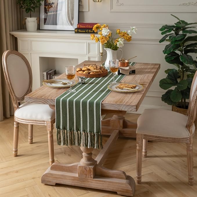 Caflife Boho Table Runner 90 Inchs Long Green, Cotton and Linen Woven with Tassels, for Modern Rustic Farmhouse Neutral Table Runners, Bohemian Kitchen Dining Table Home Decor