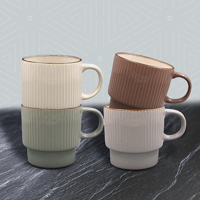 Lesser & PAVEY Elements Reactive Glaze Stacking Mug Set of 4 for Home & Kitchen | Stylish Ceramic Mugs for Tea & Coffee | Lovely Cup Set for Mens Gifts & Birthday Gifts for Women