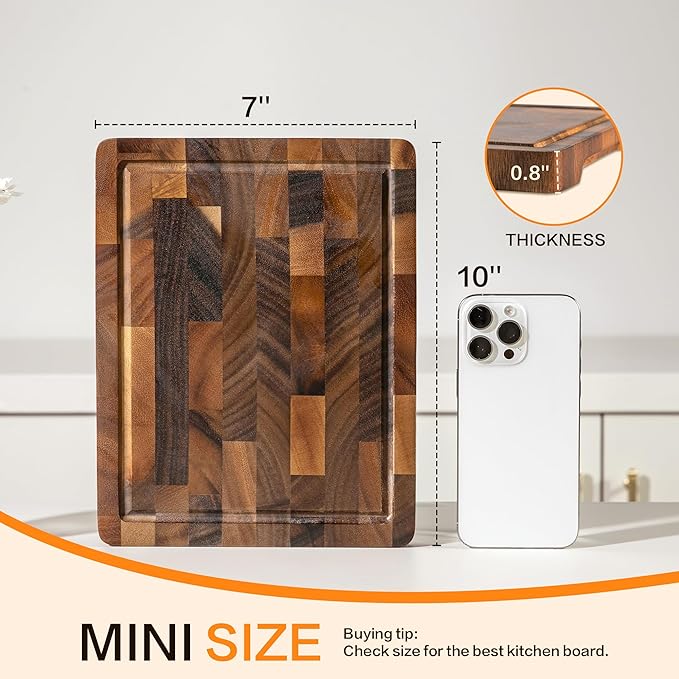 Walnut Wood Small Cutting Board, Mini End Grain Chopping Board, Knife-Friendly & Easy to Clean, for Vegetables and Fruits, 10“x8”x0.8“