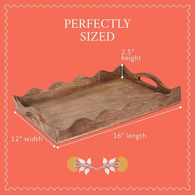 Mela Artisans 14” x 10” x 2.5” Mango Wood Serving Tray with Handles – Ottoman Scallop White Burnt – Medium Handcrafted Wooden Serving Board for Breakfast, Coffee & Home Décor