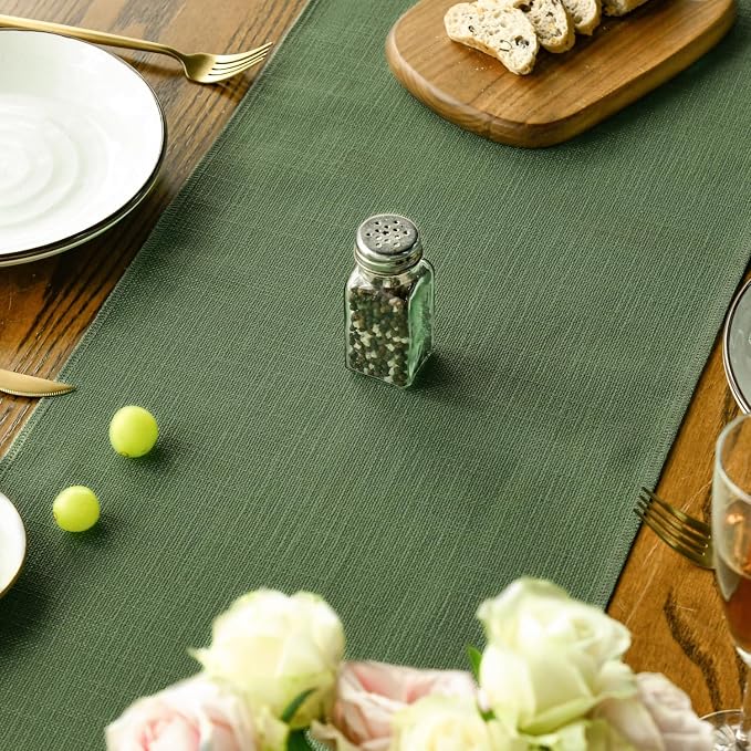 Artoid Mode Dark Green Tassel Table Runner, Linen Blend Rustic Farmhouse Style Kitchen Table Decoration Holiday Wedding Party Dinning Decor 13x36 Inch