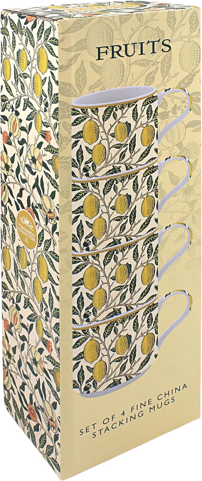 The Leonardo Collection Fruits Stacking Mugs Set of 4 William Morris, Tea and Coffee Mugs for Hot Drinks | Fine China Printed Mugs for Kitchen & Home | Reusable Ceramic Cups for Every Occasion
