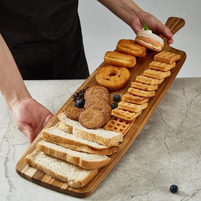Acacia Wood Cutting Board and Large Charcuterie Board with Handle - Long Serving Board for Veggies, Bread, Cheese Board, Appetizers, and Picnic Celebrations, 24x7 Inch