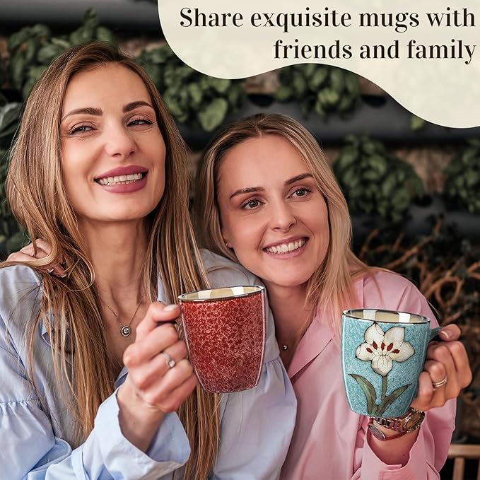 Maxdot 6 Pcs 12oz Ceramic Coffee Mugs Sets Glazing Process Cappuccino Mug Floral Ceramic Tea Cups Mother's Day Idea Gift for Women Mom Porcelain Cup for Coffee, Cocoa, Tea, Latte (Retro)