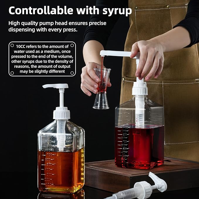 Large Capacity Syrup Dispenser for Coffee Bar, Pump Dispenser 54oz 1600ml PET Syrup Bottle w Measuring Cup and Funnel, Dispenser Bottle w Upgraded Pump (10cc Thicker PET)