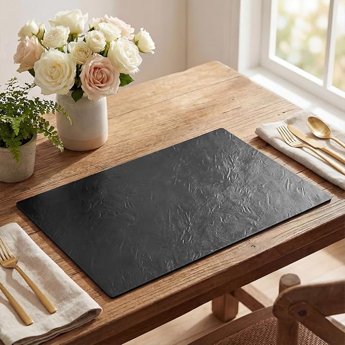 Artoid Mode Black Faux Leather Placemats Set of 6, 12x18 Inch Waterproof Wipeable Heat Resistant Vinyl Place Mats, Reversible Table Mats for Kitchen Dining Decor