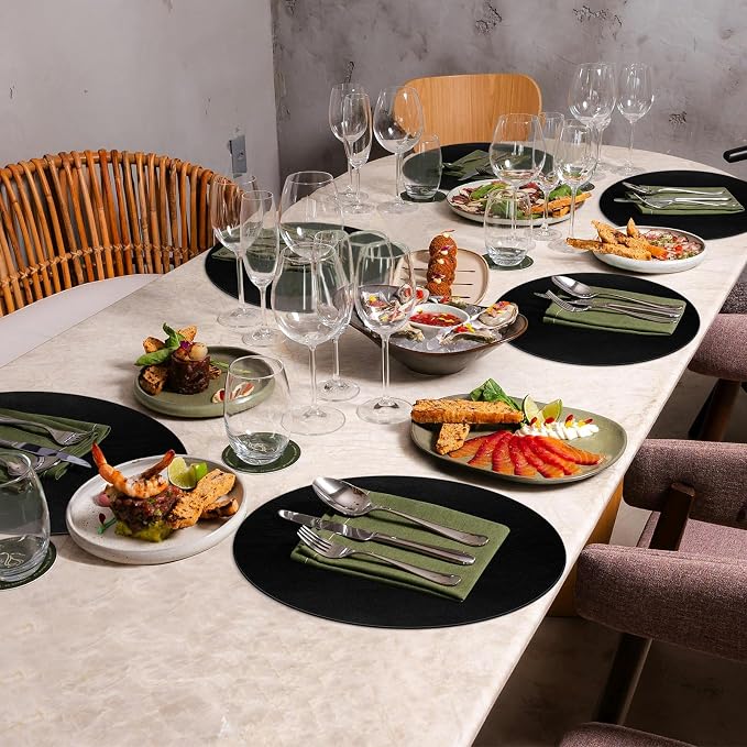 ADRIMER Placemats, Heat Resistant Round Placemats Set of 12 Washable, Waterproof Table Mats, Wipeable Faux Leather Place Mats for Kitchen, Dining Room, Black