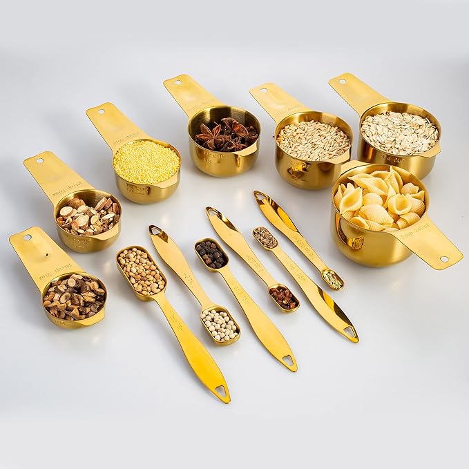 13‑Piece Stainless Steel Measuring Cups and Spoons Se18/8 Professional Grade, Engraved US & Metric Measurements for Dry and Wet Ingredients, Durable Kitchen Set for Baking and Cooking, Gold