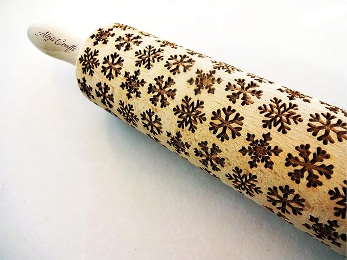 SNOWFLAKES Embossing Rolling Pin Laser Engraved Dough Roller for Christmas Gingerbread