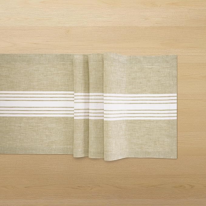 Solino Home Stripe Linen Table Runner 144 Inches Long - 100% Pure Linen White and Pale Khaki Farmhouse Table Runner 14 x 144 Inch for Dining, Summer