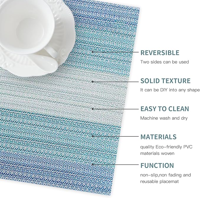 HeloHo Blue Placemats Set of 8,Vinyl Table Place Mats Stain Resistant Foldable Placemats Washable Wipeable Placemat for Kitchen Dining Table Decoration Indoor Outdoor.
