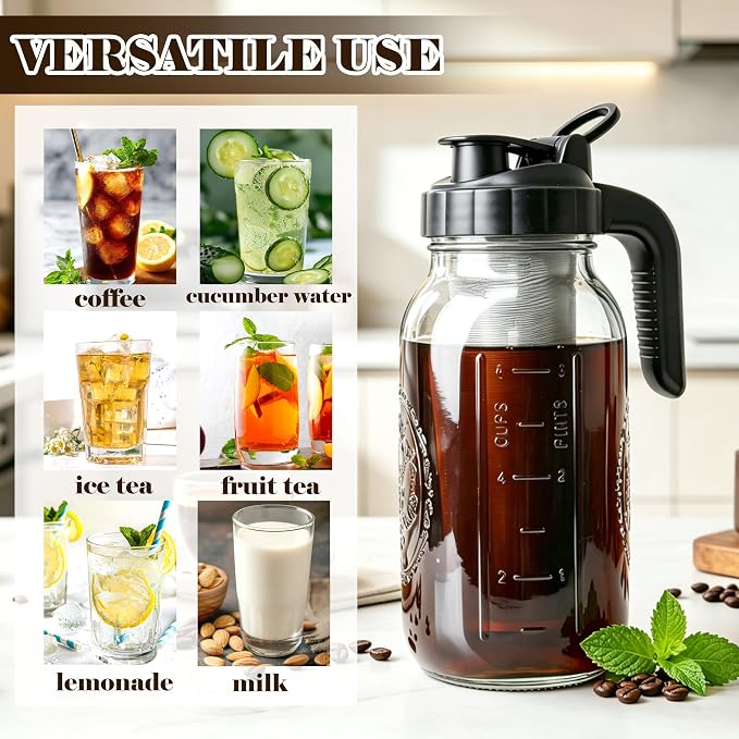 Cold Brew Coffee Maker 64oz Iced Coffee Maker with Stainless Steel Filter | Wide Mouth Glass Pitcher with Pour Spout Lid Cold Brew Pitcher with Ergonomic Handle Airtight Mason Jar Pitcher with Filter