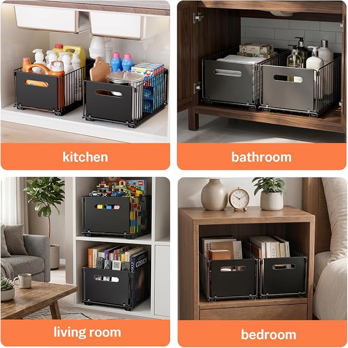 Pull Out Spice Racks for Inside Cabinets, Heavy Duty Under Sink Pull Out Organizer 2 Pack, Slide Out Drawers for Kitchen Cabinets, Bathroom, Pantry Organizers, 14.6”D x 9.6" W x 7" H, Black