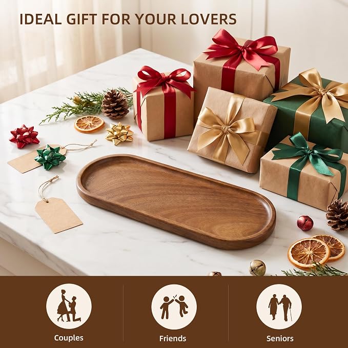 TJ POP Acacia Wooden Tray - 11.4” x 4.1” Oval Decorative Tray for Counter, Solid Wood Serving Tray for Coffee Table, Snacks & Drinks, Rustic Serving Platter for Party, Holiday & Everyday Use