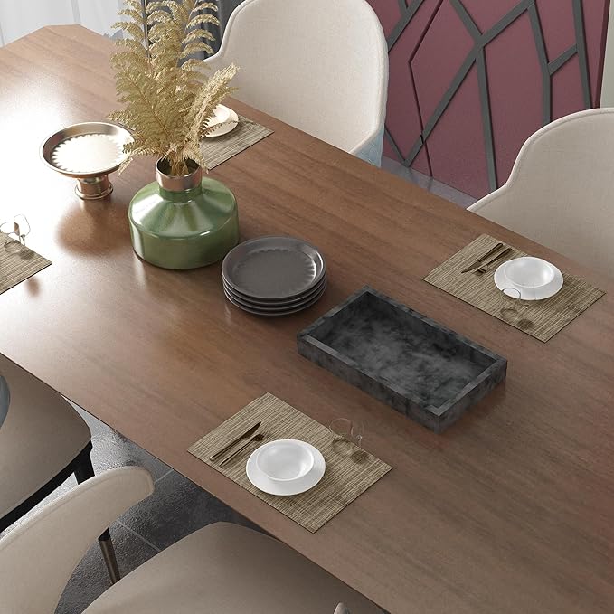 Placemats Set of 6 Washable Indoor/Outdoor Vinyl Place Mats for Dining Table Durable Non-Slip Heat Resistant PVC Weave Table Mats(Brown Black)