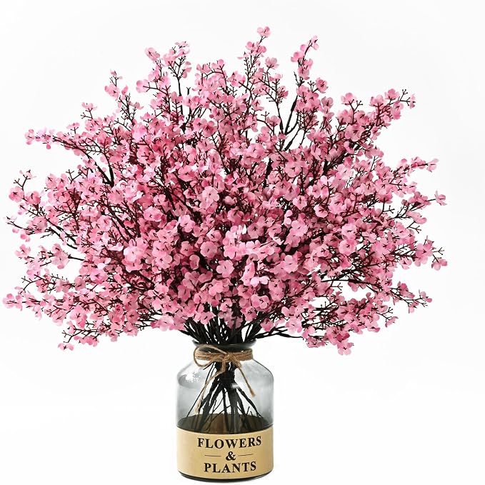Waipfaru 6Pcs Fake Flowers Baby's Breath Silk, Real Touch Pink Artificial Flowers Bulk with Bendable Stems for Valentine's Day Spring Wedding Party Decor