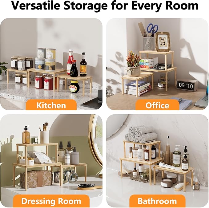 HYPIGO Cabinet Storage Organizer Shelf, Set of 3 Kitchen Cabinet Shelves, Stackable Cabinet Risers, Spice Rack Organizer for Countertop, Under Sink, Bathroom, Pantry Organization with Non-Slip Mat