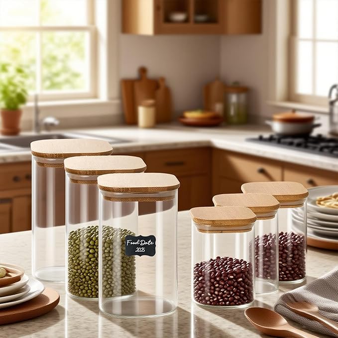 12-Pack Glass Storage Jars with Bamboo Lids, 6×1.6QT Large & 6×0.7QT Small Airtight Glass Canisters Set, Square Glass Food Containers for Coffee Beans, Oats, Nuts, Candy, Pantry Organization